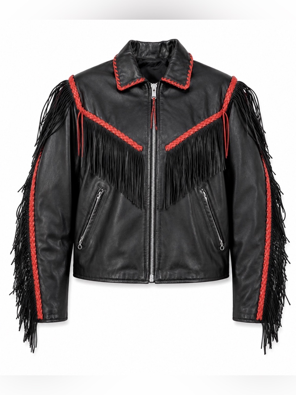 Vintage Fringe Leather Jacket Red Trim YKK USA Medium